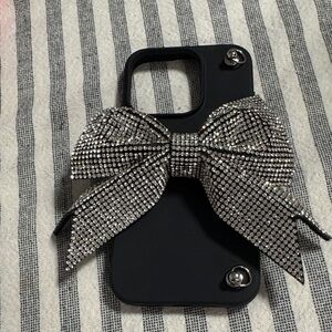 heyday Black Phone Case with Silver Rhinestone Bow for iPhone 15 pro